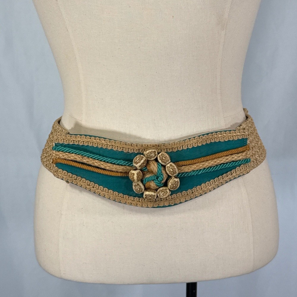 Vintage Teal Tanā Woven Wide Cinch Belt Eclectic Boho Fairycore Renaissance 30"